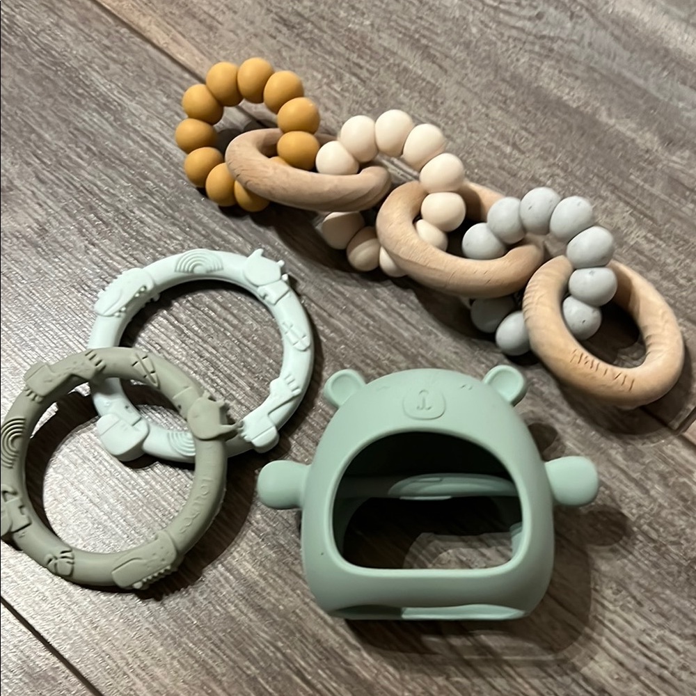 Silicone Baby Teether Toy Set - Mint, Beige, and Mustard